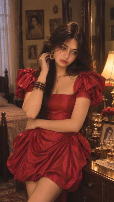 80s Bollywood Red Satin Dress Portrait