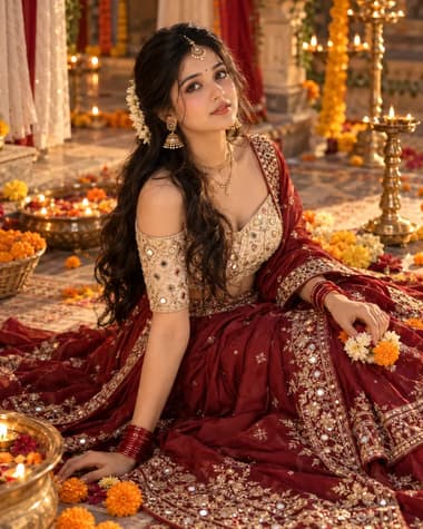 Maroon Mirror-Work Navratri Portrait