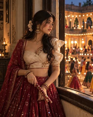 Wine Red Dandiya Window Navratri Fashion Portrait