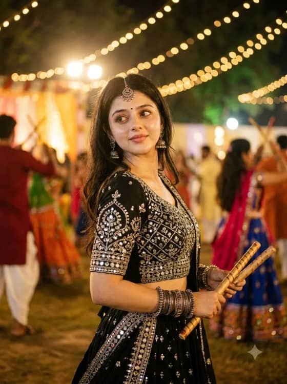 Dandiya In Black Lehenga Close-up Gemini Prompt