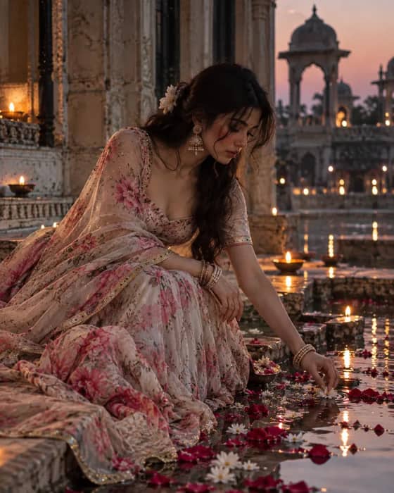 Dreamy Floral Lehenga Diya Portrait