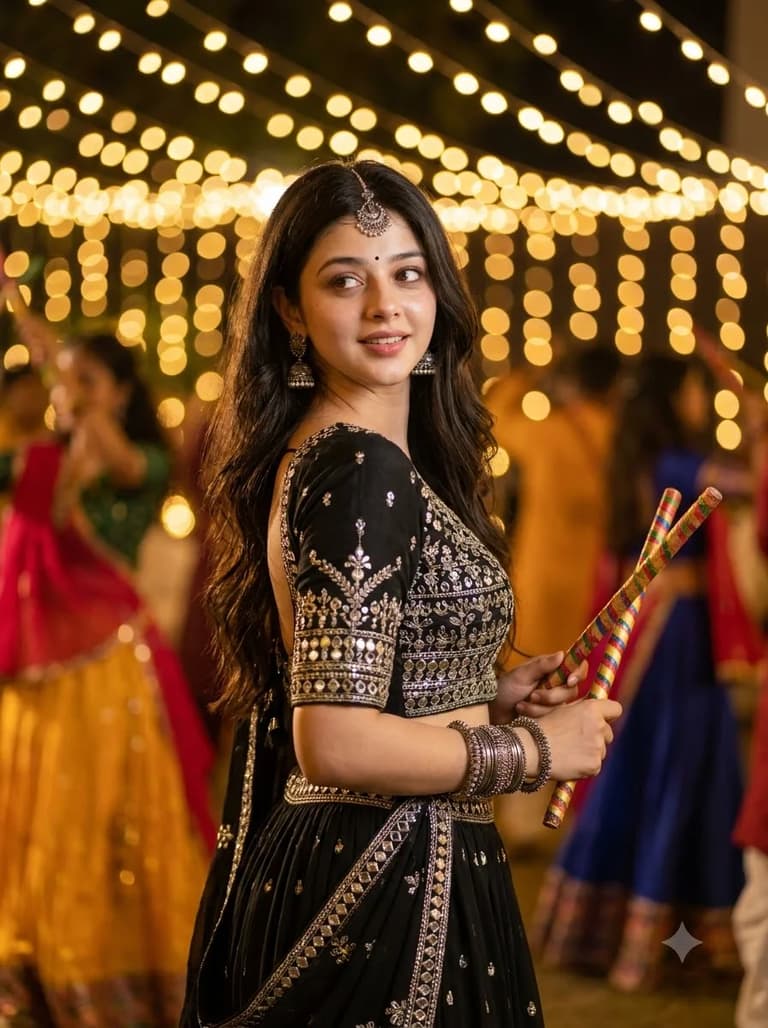Dandiya In Black Lehenga Close-up Gemini Prompt — Gemini prompt 1 variation 1
