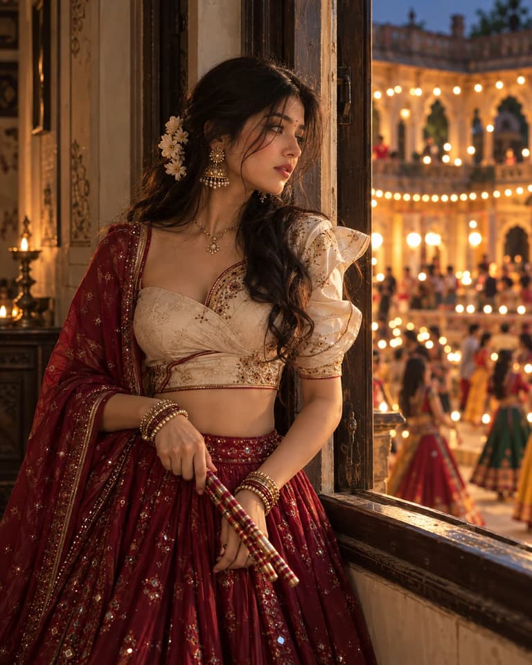 Wine Red Dandiya Window Navratri Fashion Portrait — ChatGPT prompt 1